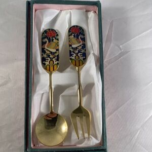 Korea Birds Spoon & Fork Set Small   Gold Plated vintage